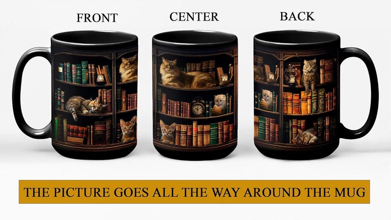 2IMT Cat Book Mug Book Lovers Gifts for Readers - Book Lover Bookish Gifts for Bookworm Women - Library Bookshelf Mug - Best Gift for Cat Lover - Reading Writer Women Black Coffee Cup 15oz - Image 2